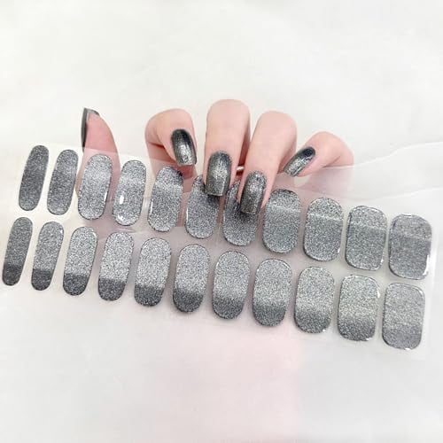 Ceboic Semi Cured Gel Nail Polish Strips, 22PCS Extra Long Adhesive Gel Nail Stickers, French Manicure Nail Wraps with Soft Glossy Finish, Waterproof Nail Art Stickers Sets for Women, Grey Cat Eye