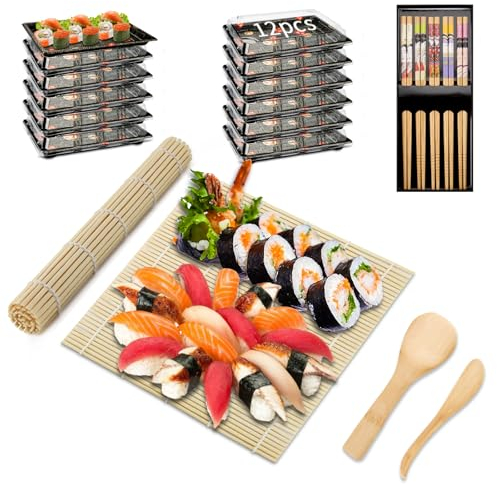 Mbsomnus 20Pcs Sushi Making Kit-12Pcs Party Trays with Lids Reusable Sandwich Platter Trays with Lids 1 Sushi Mat 5 Pairs Chopsticks 1 Rice Spreader and Paddle Catering Trays for Party Buffets Sushi
