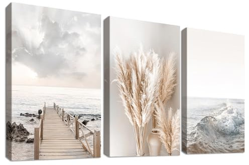 3Pcs Spiaggia costiera Oceano Mare Stampa su tela con cornice Beige nordico Erba della Pampa Pittura Quadri su tela Quadri Moderni Camera da letto Soggiorno Decorazioni murale 150x70cm(20x28x3pcs)