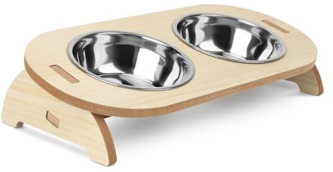OWill Raised Cat Bowls, 15° Elevated Dog Bowls With Stand Tilted, 2 Stainless Steel Water and Food Bowl with Wooden Stand for Cats and Puppy