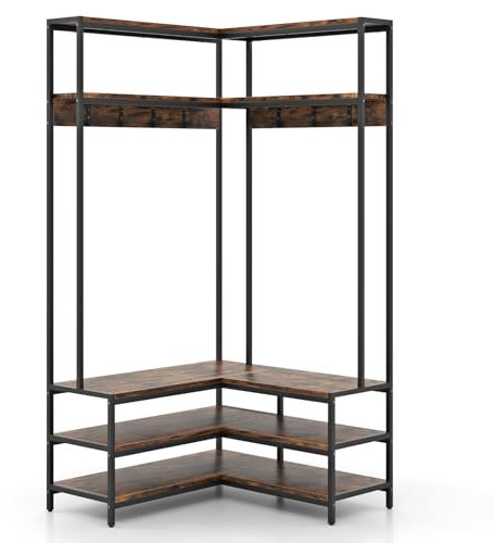 GIANTEX L-förmiger Kleiderständer, Garderobenständer mit Sitzbank, Ablage & Haken, 90 x 90 x 178 cm, Industrie-Design Garderobe für Ecke (Braun)