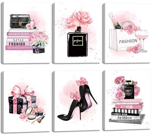 CHDITB 6pcs Makeup Canvas Wall Art, Fashion Woman Poster Picture, Girls Bedroom Wall Decor Paintings, Pink Flowers Perfume Art Print, Fashion Dress Room Decor, Girls Bedroom Accessories, 25*20cm