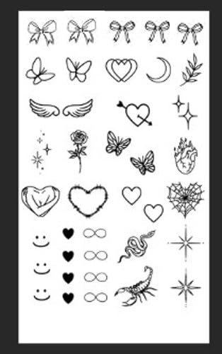 Feuille de 38 Tatouages Éphémères Temporaires Hypoallergéniques Mixtes, Roses, Étoiles, Infini, Lauriers, Nœuds, Cœurs, Papillons...