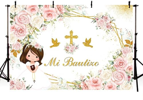 AIBIIN Mi Bautizo Telón de fondo bohemio para bautizo, comunión, comunión, niña, flores rosas y blancas, doradas, paloma, cruz santa, recién nacido, fiesta prenatal, accesorios de fotomatón