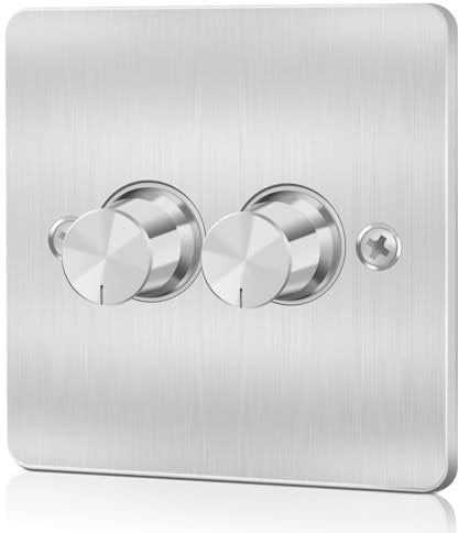 Aroidful 220-240V LED Dimmer Switch, Trailing Edge Double Dimmer Light Switch for Dimmable LED/Incandescent/Halogen, Rotary Push On/Off, 2 Gang 1 Way/2 Way, 5-200 W (Silver)