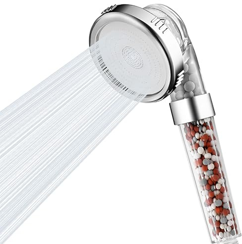 Keycozy Gefilterter Handbrause Hochdruck 3 Sprüheinstellungen Duschkopf zum Sparen von Wasser, Wasserenthärter Duschkopf mit Mineralperlen zum Entfernen von Chlor und Fluorid für trockenes Haar und