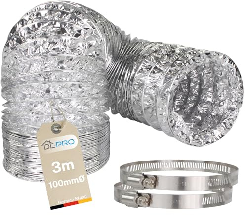DL-pro 3m Aluminium Abluftschlauch Ø 100 / 102mm Alu-Schlauch Abluftrohr Lüftungsschlauch für Klimaanlage Wäschetrockner Dunstabzugshaube mit W4 Schellen Ø90-110mm