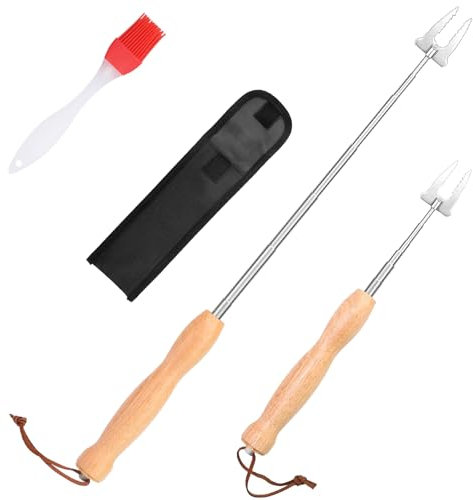 Snowtain Brochettes Extensibles pour Barbecue – 2 Pièces en Acier Inox + 1 Pinceau en Silicone – Piques à Marshmallow & Pain à Bâton pour Feu de Camp, Camping, Grillades