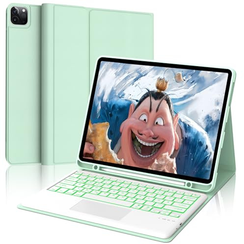 FOGARI Hülle mit Tastatur für iPad Pro 12.9 (6/5/4/3 Gen), 7 Farben Beleuchtung, Multi Touch Trackpad, Deutsches QWERTZ Magnetisch Abnehmbarer Bluetooth Tastatur für iPad 12,9 Zoll, Hellgrün