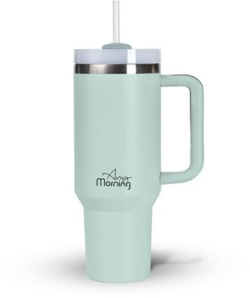 Any Morning Thermosbecher mit Doppelschicht-Edelstahl, Trinkflasche Mit Strohhalm, Auslaufsicherer Deckel, Isolierbecher bis zu 9 Stunden Heiß und 12 Stunden Kalt, 1,2 L (Grün)