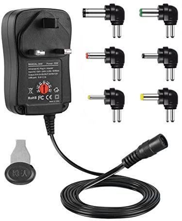 Universal AC-DC Power Supply Adapter with Adjustable Voltage (3V 4.5V 5V 6V 7.5V 9V 12V Center Positive), Equipped with USB Interface and 6 DC Connectors for Household Electronics [0U27]