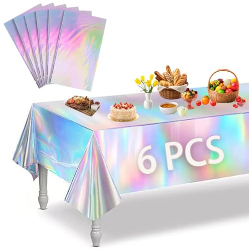 HaploS 137x183cm Irisierende Party Tischdecke, Tischtuch Glitzer Tischdecke | 6 Stück Laserholografische Geburtstag Tischdecke Bunt, Einweg Wasserdicht Partytischdecken für Party Geburtstag Festival