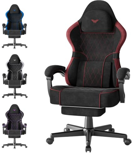 Ferghana Gaming Stuhl，Gaming Stuhl Ergonomisch，Bürostuhl aus Stoff PVC-Leder, Gamer Chair mit Verstellbare Kopfstütze，Lendenkissen，Armlehnen，Fußstütze，PC Stuhl für Office Gaming,Schwarzrot,Matt-Samt