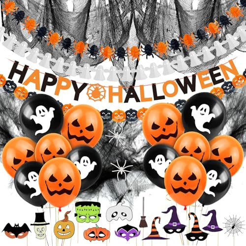 Cadimus Halloween Deko Set, 39Stk Girlande Luftballon Dekoration, Grusel Spinnennetz, Buchstabe Girlande Fotosrequisiten für Halloween Party Garten Deko