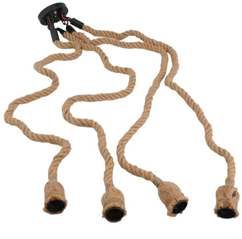 Marchfunny Lampadario rustico in corda di canapa da 1 m, stile industriale, lampadario a sospensione a 4 luci, con portalampada E27, corda intrecciata a mano per barra retrò