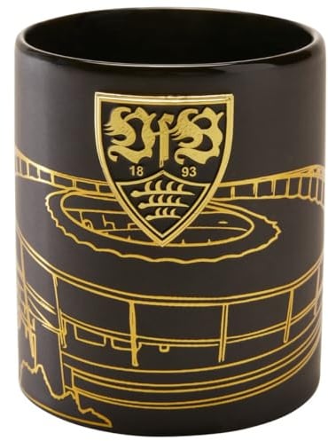VfB Stuttgart Tasse Metallic Stadion, schwarze Kaffeetasse mit gold schimmerndem VfB Logo und Stadion, Fans zum Tee, Kakao oder Kaffeetrinken + gratis Digni Aufkleber