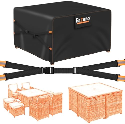 Enzeno garden furniture covers waterproof 125x125x74cm Outdoor Table Cover | New Upgrade,500D Oxford fabric,Heavy Duty,X-shaped windproof strap,Air Vent,4 adhesive buckles,Anti-UV,Cube/Square,Black