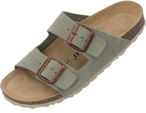 Palado Pantoletten Damen Korfu Suede Premium Leather - bequeme Sandalen Made in Spain - Hausschuhe mit Kork-Fußbett - modische Sommerschuhe Salbei UK8 - EU41