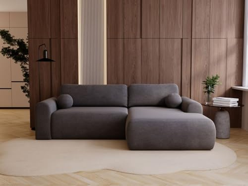 GRAINGOLD Savana L 257x177 cm, L-Form Sofa, Schlafcouch für Wohnzimmer, Velours-Stoff, 3-Sitzer Eckcouch, Ecksofa mit Bettkasten (Grau, Rechts)