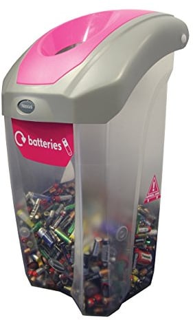 Glasdon C-Thru Nexus 30 Battery Recycling Bin (Transparent, Magenta Sticker)– 30-Litre Recycling Bin for Batteries – Compact with Clear Plastic Exterior