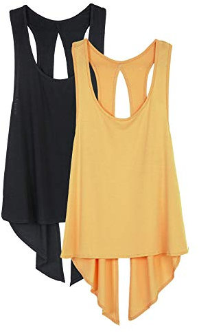 icyzone Damen Sport Top Rückenfrei Fitness Yoga Shirt Ärmellos Sport Oberteile, 2er Pack (XL, Black/Dandelion)