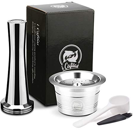 i Cafilas Kaffeekapseln, nachfüllbar, aus Edelstahl, wiederverwendbare Kaffeepads, für K fee/Starbucks Verismo/CBTL/Tchibo Cafissimo Maschinen (Kapsel + Kaffeestempel)