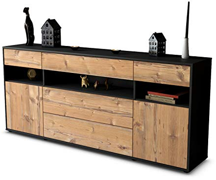 Stil.Zeit Sideboard Floria, Korpus anthrazit matt, Front Holz-Design Pinie (180x79x35cm) Push-to-Open Technik & Leichtlaufschienen