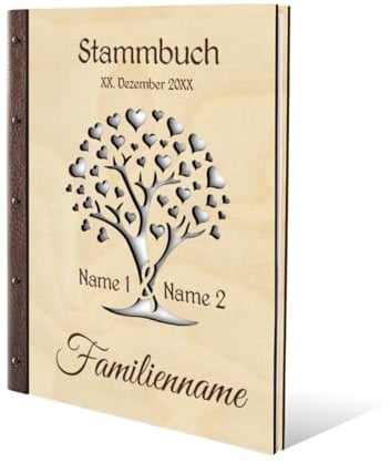 Kartenmachen.de Familien Stammbuch Birkensperrholz mit Lederrücken Holzcover mit individueller Gravur inkl. Extras DIN A4 hoch 240x310mm - Herzbaum