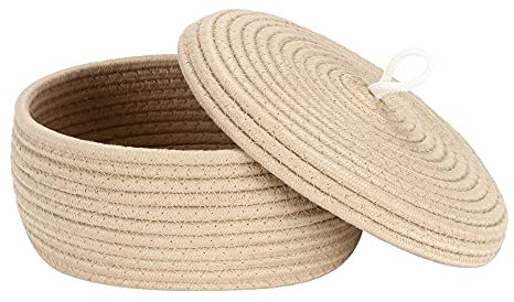 Sea Team Eleganter runder Baumwollseil-Aufbewahrungskorb mit Deckel - Multifunktionaler Organizer für Snacks, Handtücher uvm. - Ideal für Ihr Zuhause, 10 x 4,5 Zoll (Klein,Flach,Khaki)
