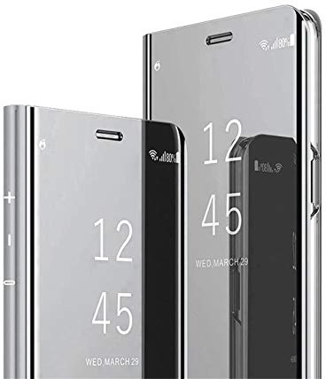 Jacyren Kompatibel mit Samsung Galaxy A21S Hülle, Leder Hülle Flip Case Galaxy A21S Spiegel Handyhülle Schutzhülle 360°PC Transluzent View Miroir Stoßfest Cover Ständer Funktion Tasche A21S (Silber)