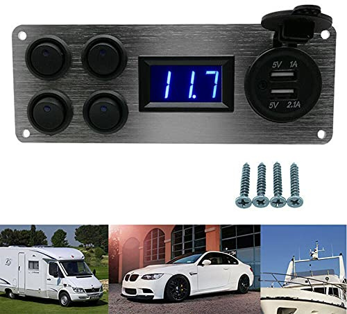 4 Gang 12V/24V Campervan Switch Panel,Dual USB Charger Port Socket Waterproof Rocker Switch,Digital Voltmeter On/Off Toggle Switch for Car Boat Truck