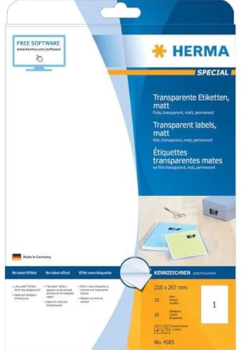 HERMA 4585 Wetterfeste Folienetiketten transparent, 320 Blatt, 210 x 297 mm, 1 pro A4 Bogen, 320 Stück, selbstklebend, bedruckbar, matt, blanko Klebeetiketten Aufkleber aus Folie, durchsichtig
