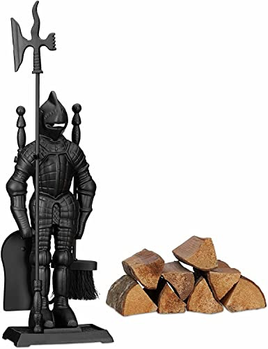 Contempary Traditional Fireside Tool Set Vintage Style Indoor Companion Set Fireplace Coal Fire Wood Burner Accessories Tong, Brush, Poker & Shovel Cast Iron Black (FIRE104)