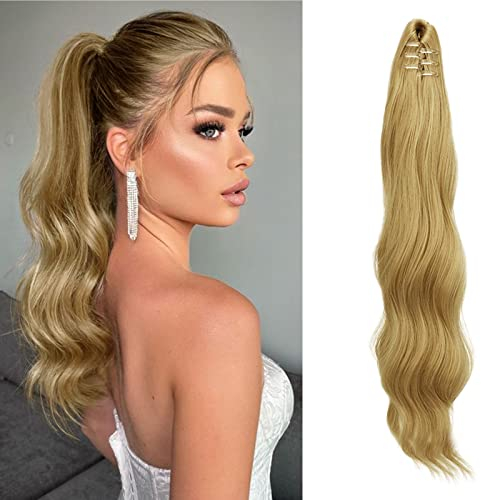 FESHFEN Pferdeschwanz Extensions Klammer, 50 cm Hair Extensions Zopf Lang Pferdeschwanz Haarteil Clip Gewellt Extensions Zopf Helles Honigblond Pferdeschwanz Haarverlängerung für Frauen