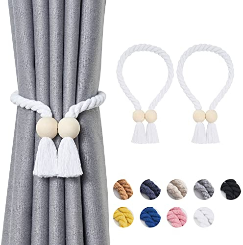 Pretty Jolly Ball magnetische Vorhang-Raffhalter aus Holz, Boho-Dekoration, Raffhalter, natürliche Baumwolle, handgewebt, für Fenstervorhänge für Zuhause und Büro, Weiß, 2 Stück