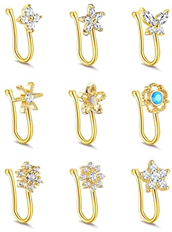 Kakonia 9stk Fake Nasenring Clip On Fake Nose Ring Nasenpiercing Non Piercing Nasenringe für Damen Non Piercing Schmuck Gold
