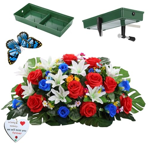 All Special Grabsattel Blumen für Friedhofsgrabstein für Weihnachten – Gedenktagssattel Blumen für Grabstein in patriotischen Farben, Grabsteinsattel Floral Never Be Blown Away