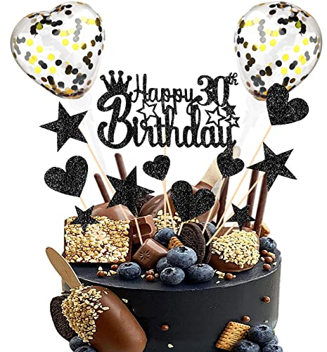 DKBT Tortendeko 30th Schwarz Kuchen deko Glitzer Happy Birthday Cake Topper Kuchendeko Geburtstagstorte für Schwarz Thema Geburtstagsfeier Jubiläum