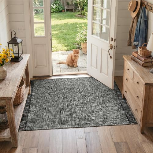 Collive Waschbarer Teppich, 90x152 cm, moderne gewebte Küchenteppiche, schwarz/cremefarben, geflochten, Baumwollteppich, für den Innenbereich, Fußmatte, Überwurf, Schlammzimmer, Waschküche