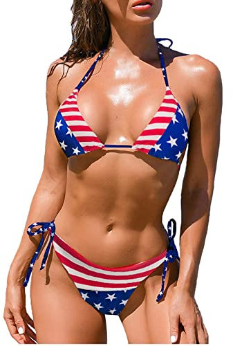 Femmes Drapeau Américain 3D Impression Sexy Bikini Split Maillot de Bain Petit Bikini Pantalon Femme, Blanc., XL