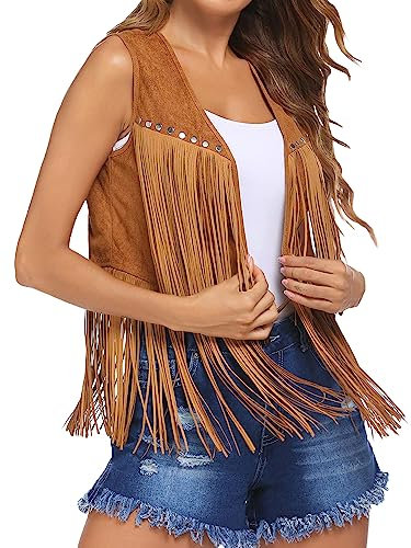 YILEEGOO Damenweste mit Quasten, Fransen, 70er-Jahre, Hippie-Kunstwildleder, Nieten, ärmellos, Jacke, Cardigan, Tops, khaki, XX-Large
