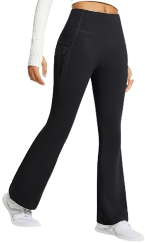 baleaf Damen Fleece Lined Thermo Yogahose Bootcut Flare Leggings High Waist Warmhose Winterhose Cargohose mit Taschen Schwarz XL