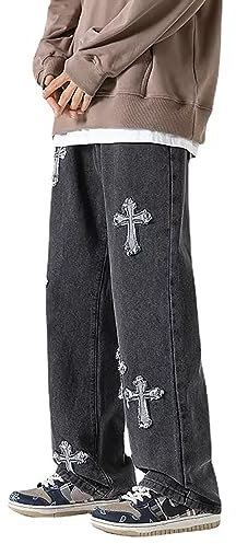 LIXQQS Herren-Jeans aus Stretch-Jeans mit Geradem Bein, Klassischer Regulärer Passform, Basic-Denim mit Kreuz und Stern-Patch(Black-1,M)