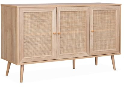 Alice's Home sweeek - Aparador de caña 120x39x70cm - Bohème - 2 Niveles, 3 Puertas, Patas escandinavas, Natural