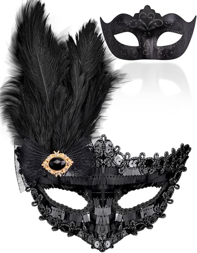 SIQUK 2 Stück Venezianische Maske Paar Maskerade Mask Venezianischen Maske Kostüm Masken für Damen Herren Halloween Karneval Party, Schwarz