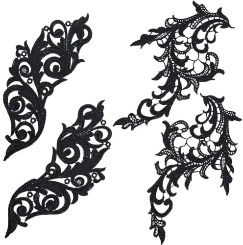 GORGECRAFT 4Stk 2 Stile Blätter Bestickte Applikationen Spitzenstoff Schwarzes Blatt Blume Aufnäher Zum Aufnähen DIY Hochzeitskleid Kragen Ausschnittbesatz Applikation Zum Nähen Kleidung Hut Tasche