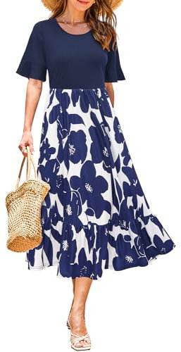 STYLEWORD Women Summer Dress Floral Short Sleeve Ladies Casual Swing Midi Dress with Pockets(Patterned-D,Large)