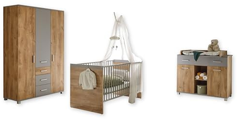 LARISSA Babyzimmer Komplett-Set in Bolton Oak Optik / Arktisgrau - Babyzimmer Möbel-Set 3-teilig bestehend aus Kleiderschrank, Babybett & Wickelkommode