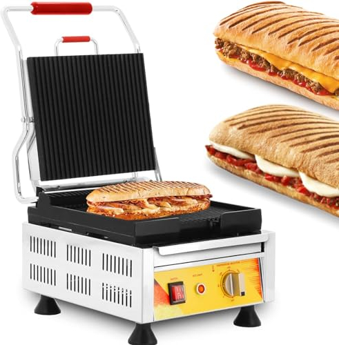 RUYICZB Panini Press Grill, Sandwichera Comercial, Panini Eléctrica De Acero Inoxidable Sandwich Tostadora para Hamburguesas/Filetes Y Tocino, Parrilla para Tostar con Ranura Grande 1800W