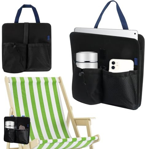 Klmnop Strandkorb-Becherhalter, hängender Getränkehalter mit Taschen, Strandkorb-Becherhalter Befestigung für Wasserflasche, Sonnenbrille, Telefon, Schlüssel (schwarz)
